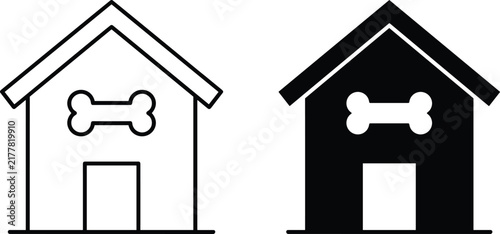 Dog house icon templates in thin line outline and solid black filled style with bone symbol