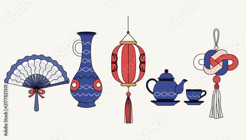 chinese traditional decorative items, fan, vase, lantern, teapot