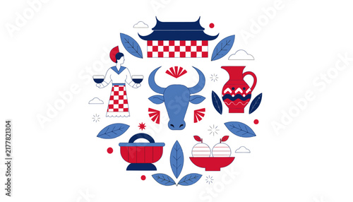 Chinese Zodiac Bull, Traditional Festival Elements, Circular Motif, Asian Culture Vector Illustration