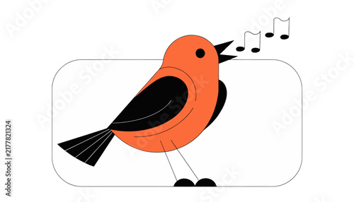 Chirping orange bird with musical notes, illustration
