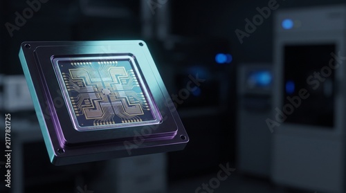 Obraz na płótnie High tech quantum computing processor chip floating in a modern laboratory cleanroom background