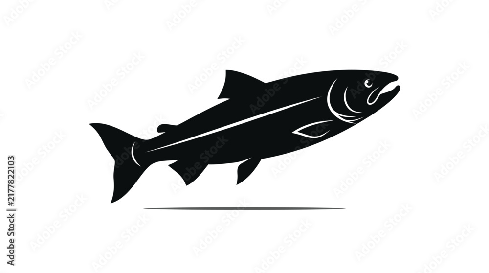 Obraz premium Minimalist vector illustration showing a leaping salmon fish with clean black silhouette lines isolated against a bright white background surface