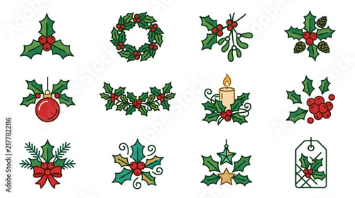 Colorful Christmas Holiday Decorations and Ornaments Collection.