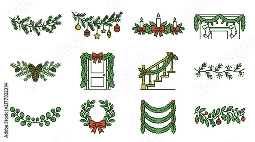 Festive Holiday Greenery and Decorative Elements Collection.