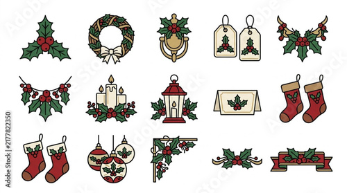 Festive Christmas Holiday Decorations and Ornaments Collection.