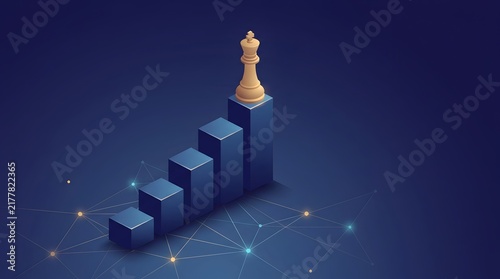 Golden chess king on rising bar graph, business strategy concept