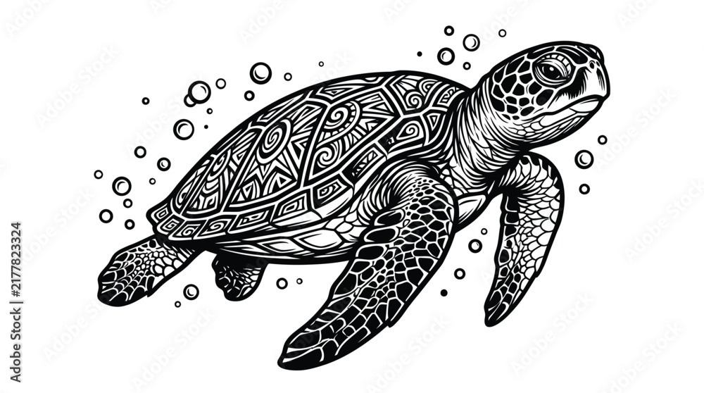 Obraz premium Stylized sea turtle vector illustration featuring intricate tribal patterns with black and white ink lines on a clean, isolated background