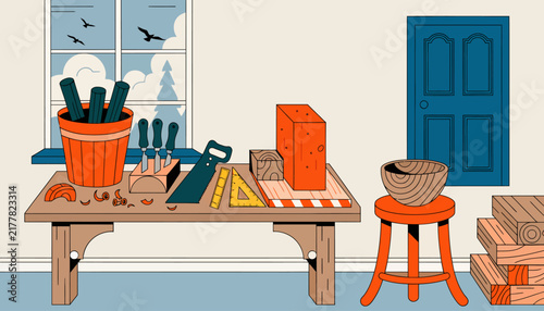 Carpentry Workshop Scene: Workbench with Tools, Wood Blocks, Saw, and Wooden Bowl on Stool