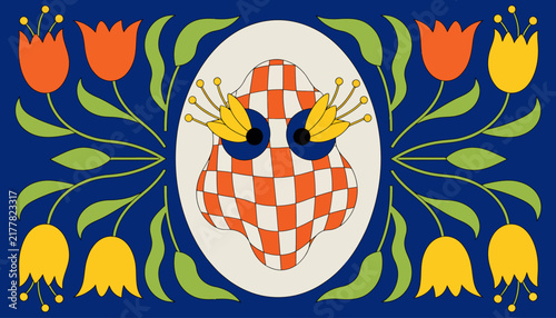 Carnival mask with floral pattern on blue background