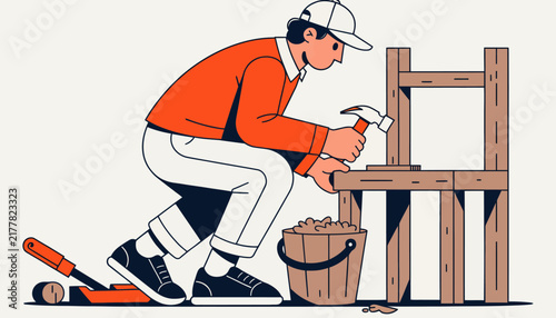 Carpenter assembling wooden furniture with hammer and nails, DIY project, craftsman at work.