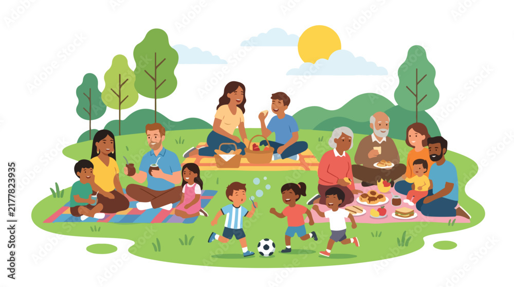 Naklejka premium Diverse multi-generational family and friends enjoying a sunny picnic in a park with children playing football and blowing bubbles, celebrating togetherness and cultural diversity