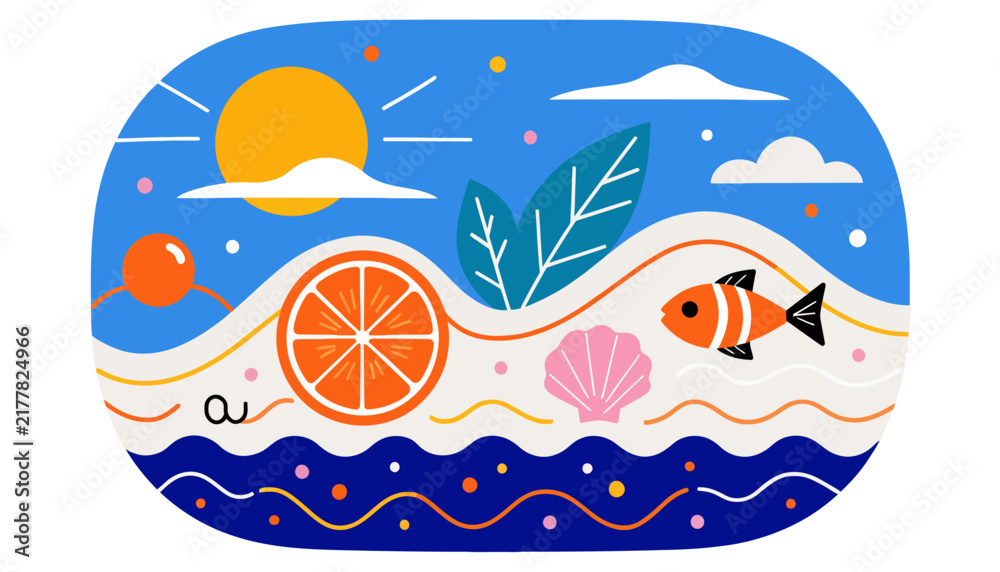 Naklejka premium cartoon ocean scene with fish, orange, shell and sea waves