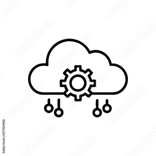 Cloud computing infrastructure icon with gear settings and network nodes line art design