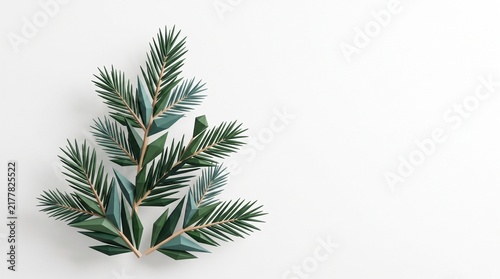 Evergreen Abstract: A minimalist composition featuring fresh green fir branches arranged in a festive, abstract Christmas tree shape on a clean, light background.
