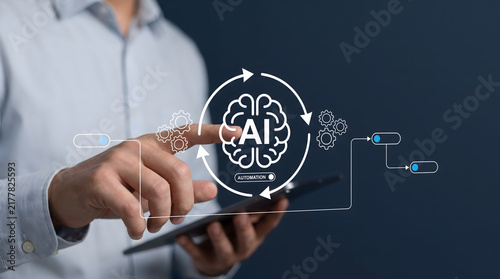Obraz na płótnie Artificial intelligence automation workflow concept featuring AI brain, connected processes, and smart system management
