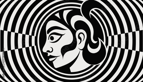 black and white woman head with optical illusion