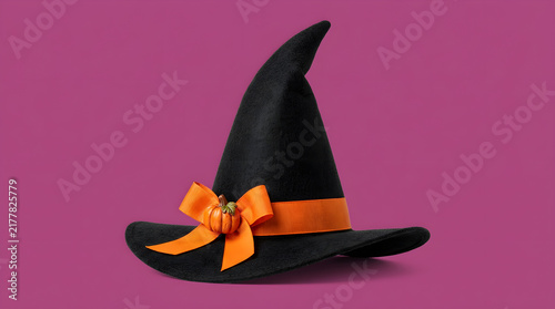 Halloween Witch Hat and Pumpkin Isolated on White Background, Black Vintage Cowboy Style Magic Hat for Holiday Costume and Fashion Illustration