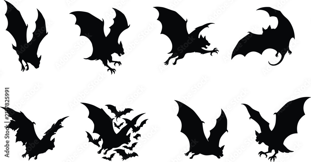 Fototapeta premium Collection of Eight Flying Bat Silhouette Vector Designs for Halloween and Spooky Themes