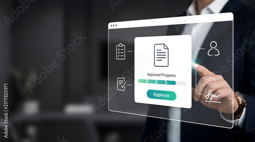 Digital approval workflow interface illustrating document review, authorization process, signatures, and enterprise approval management