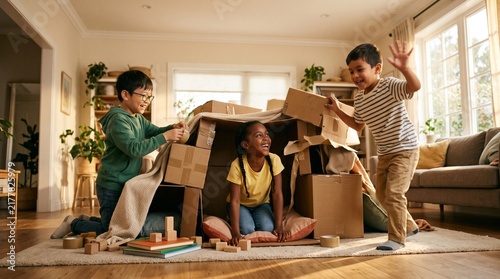 Imaginative Playtime: Three children, two boys and a girl, engage in imaginative play, constructing a cardboard fort indoors, surrounded by blankets, cushions, and building blocks.