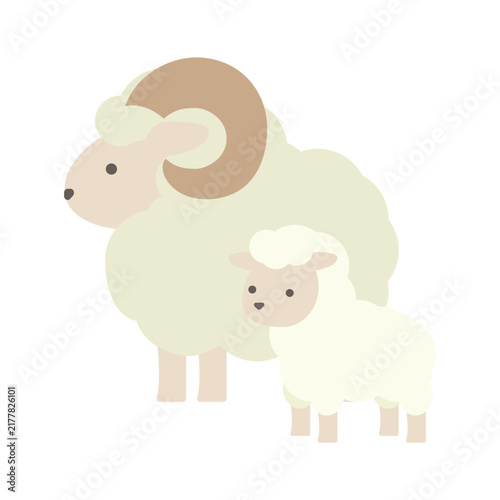 大きな角の親と子どものヒツジが並んだ可愛い親子イラスト