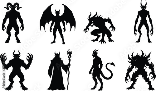 Bild auf Leinwand Devil Monster Silhouette Set Dark Fantasy Creatures Demon Characters Vector Icon