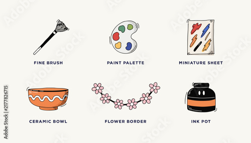 Art Supplies Icon Set: Brush, Palette, Ink Pot, Bowl, Flower Border, Miniature Sheet - Isolated on Transparent Background
