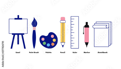 Art Supplies Flat Icon Set: Easel, Paint Brush, Palette, Pencil, Ruler, Marker, Sketchbook - Vector Illustration
