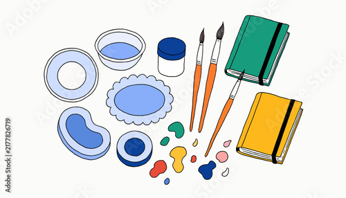 Art supplies flat lay with paints, brushes, notebooks and palette, creative illustration, hobby concept