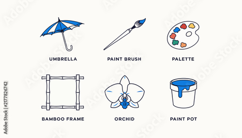 art supplies, painting tools, orchid, umbrella