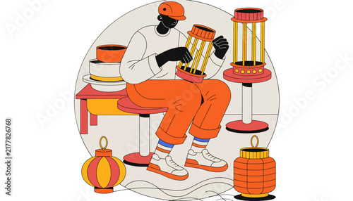 Artisan crafting lanterns in workshop, creative hobby, traditional craft, handmade decor, cultural celebration, illustration