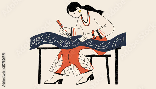 Artisan Crafting: Woman Carving Textile Design on Table with Tools, Folk Art Illustration