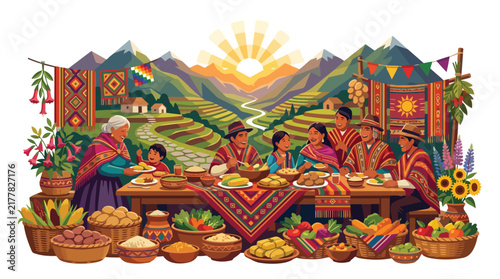 Diverse Andean family gathered together for a festive communal meal.