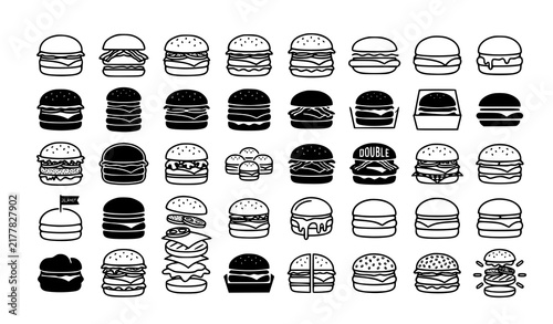 Cheeseburger outline and silhouette icon collection with layered hamburger variations for food vector design
