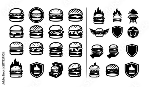 Bold cheeseburger food logo icons with hamburger outline silhouette restaurant menu and branding vector set