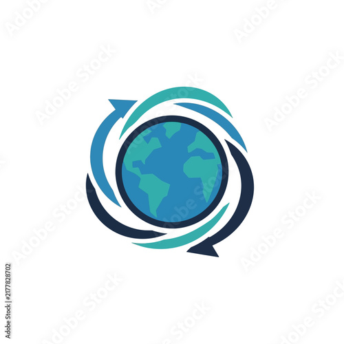 A blue globe with swirling arrows in shades of blue and teal, symbolizing global connection, cycle, or environmental sustainability.