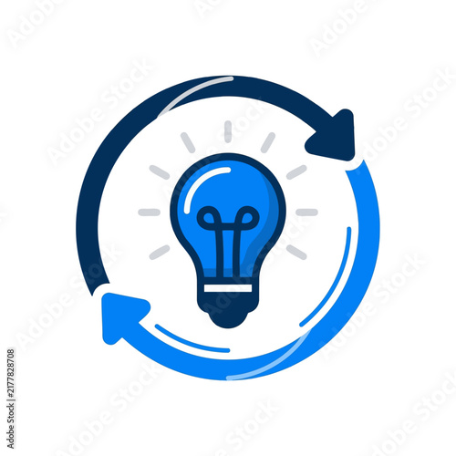 A blue light bulb icon with radiating light, encircled by two blue arrows indicating a continuous cycle or refresh.