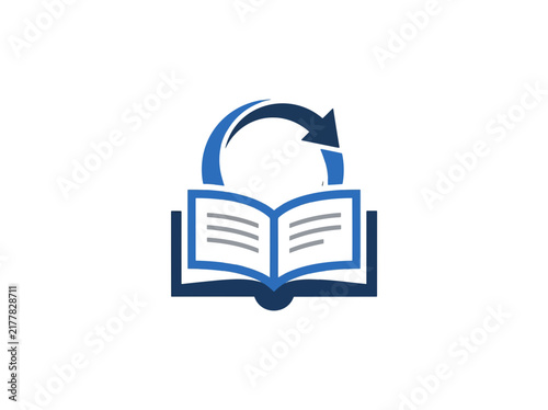 Blue open book with a circular refresh arrow above, symbolizing learning, update, or continuous education.