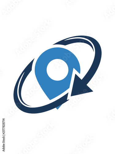 A blue location pin icon with a circular arrow indicating movement or tracking services.