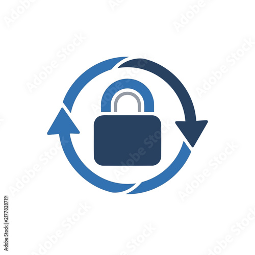 A blue padlock icon symbolizing data security and protection within a circular refresh or update process, representing continuous safety and digital integrity.