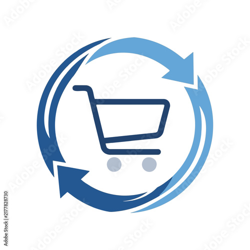 Shopping cart icon surrounded by blue circular refresh arrows, symbolizing e-commerce, exchange, or return processes.