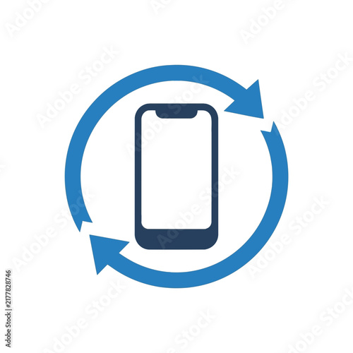 A blue circular refresh or sync arrow surrounding a modern smartphone icon on a white background.