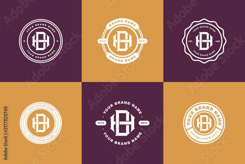 Vintage DH or HD monogram  logo collection with classic badge designs on gold and purple background.