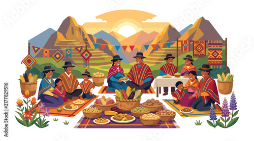 Peruvian families gathering for a festive traditional meal.