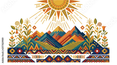 Colorful Folk Art Illustration Featuring Mountains and Traditional Decorative Patterns.