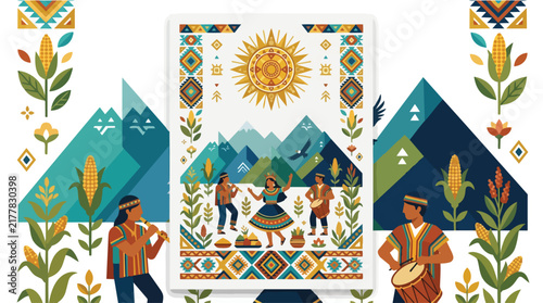 Vibrant Andean folk festival illustration with traditional dancers and musicians.
