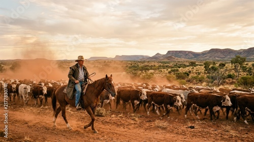A farmer on horseback moving a herd of cattle across the vast Australian outback, the red dust rising, the sky expansive. The farmer wears a wide-brimmed Akubra hat, the cattle are moving.