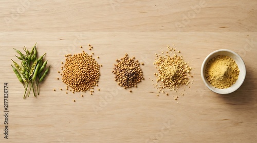 Mustard seeds and powder stages on wooden table