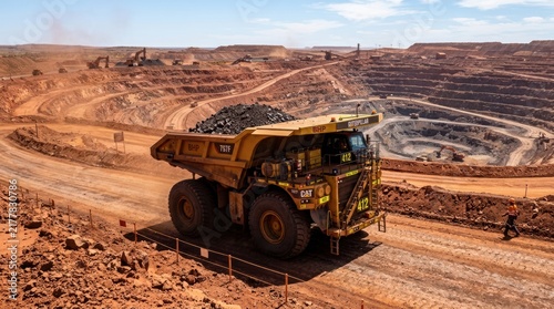 A large haul truck carrying ore at an Australian mine, the truck massive, the mine site visible. The background shows a vast open-pit mine. The light is harsh, the scene is industrial.