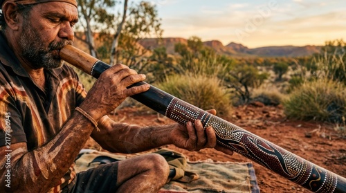A close-up of a person's hands playing didgeridoo, the instrument long, the hands skilled. The background shows the Australian outback.